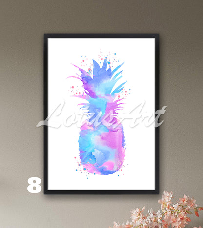 Pineapple watercolor art poster for kitchen home decor in blue, pink and purple tones, unique fruit gift