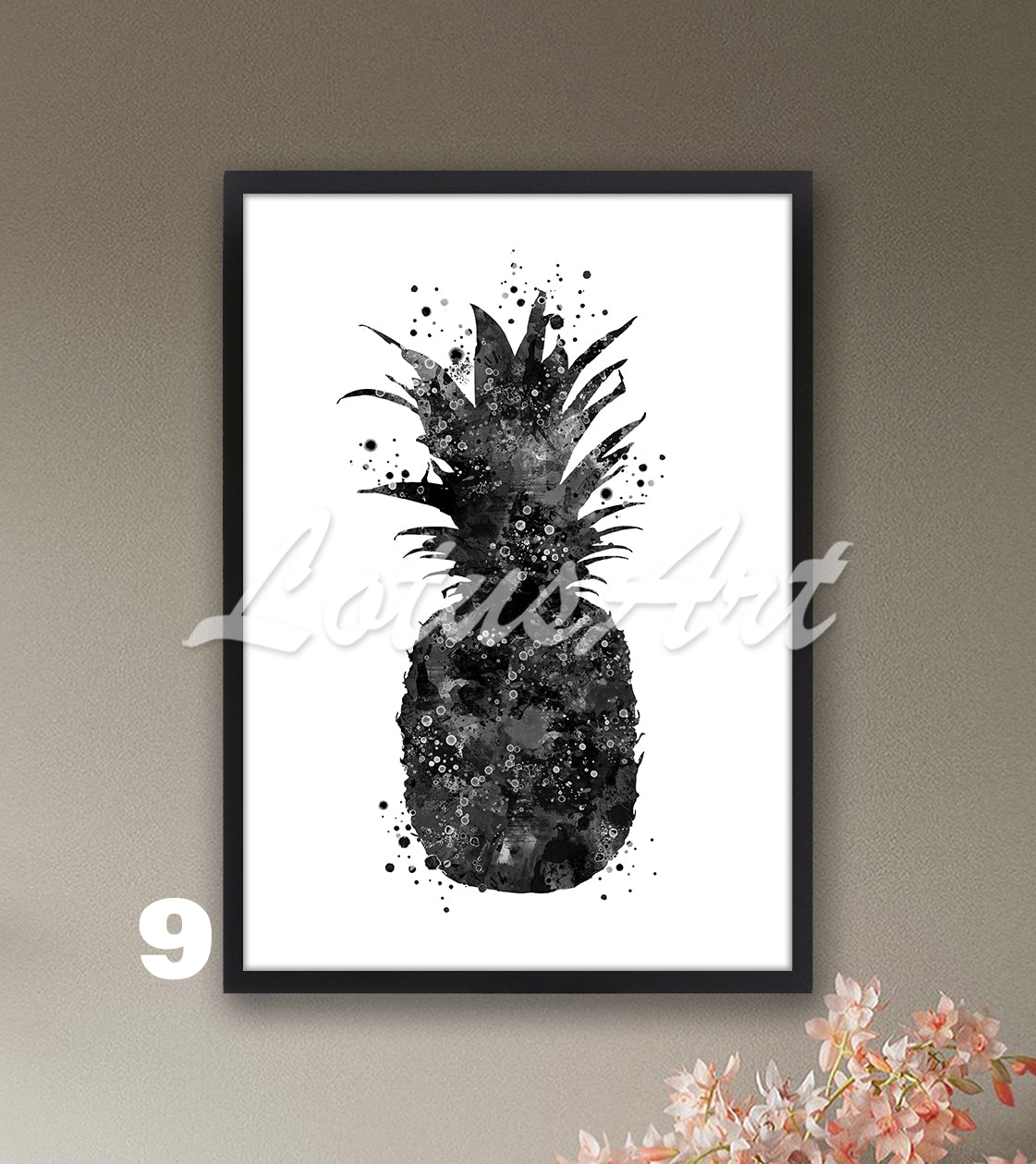 Black-white pineapple watercolor wall art for kitchen home decor, minimalist tropical fruit gift