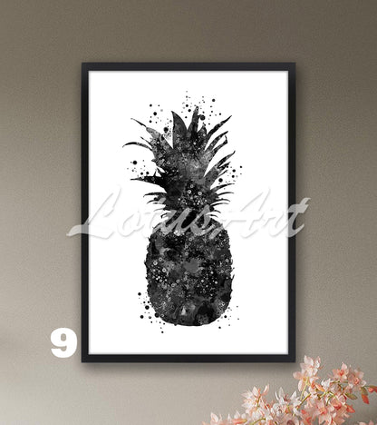 Black-white pineapple watercolor wall art for kitchen home decor, minimalist tropical fruit gift