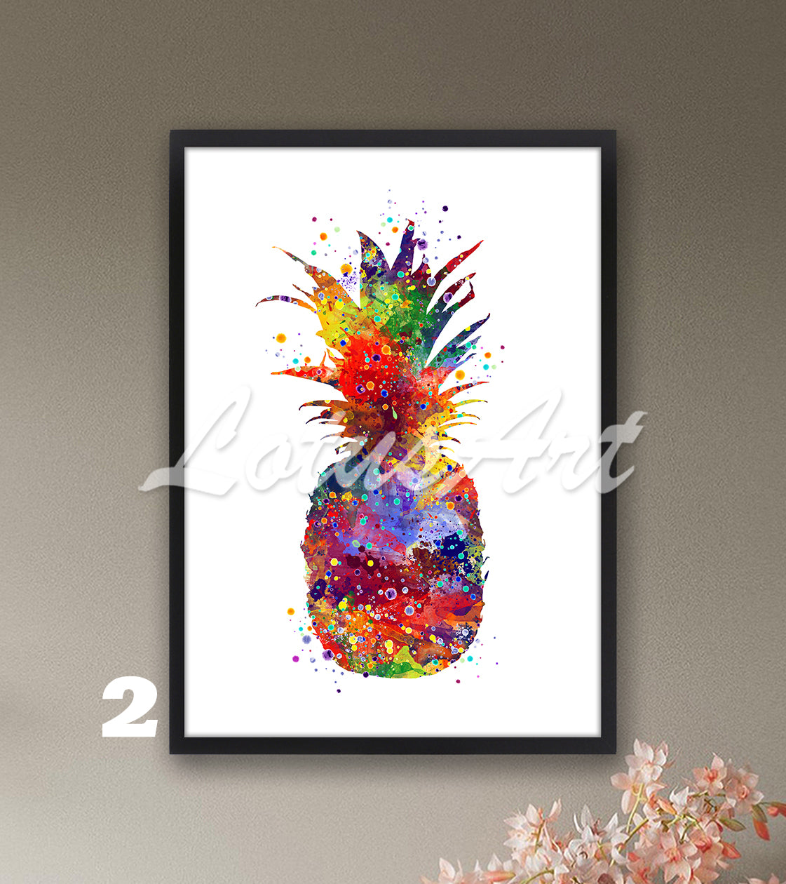 Pineapple watercolor wall art for colorful kitchen home decor in bright multicolor tones, fruit lover gift