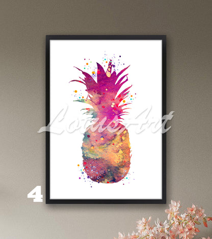 Pineapple watercolor wall art poster for kitchen home decor in warm colorful tones, unique fruit gift