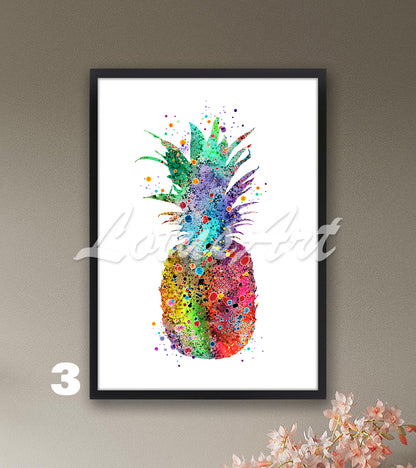 Pineapple watercolor wall art print for kitchen home decor in bright rainbow tones, tropical fruit gift