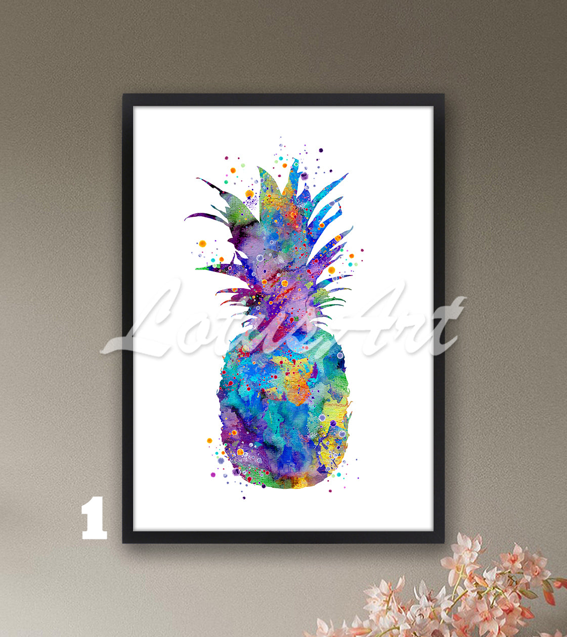 Pineapple watercolor wall art print for kitchen and home decor in vivid multicolor tones, tropical fruit gift