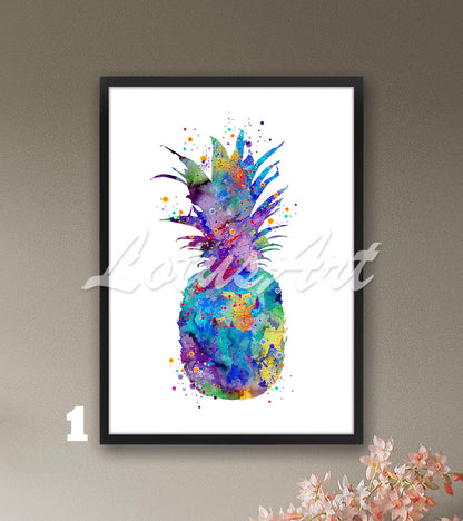 Pineapple watercolor wall art print for kitchen and home decor in vivid multicolor tones, tropical fruit gift