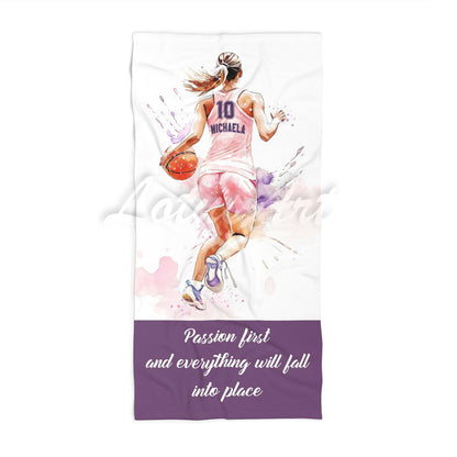 Pink basketball girl personalized beach towel custom name number quote, watercolor sports art front view