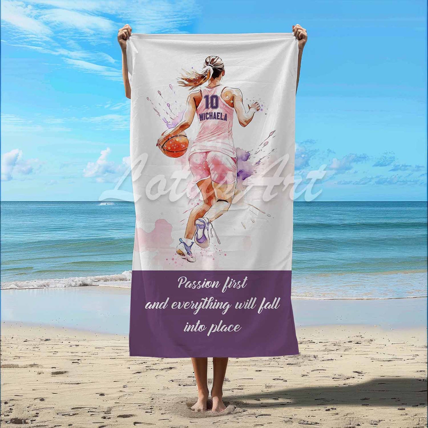 Pink basketball girl personalized beach towel custom name number quote, watercolor sports art lifestyle beach