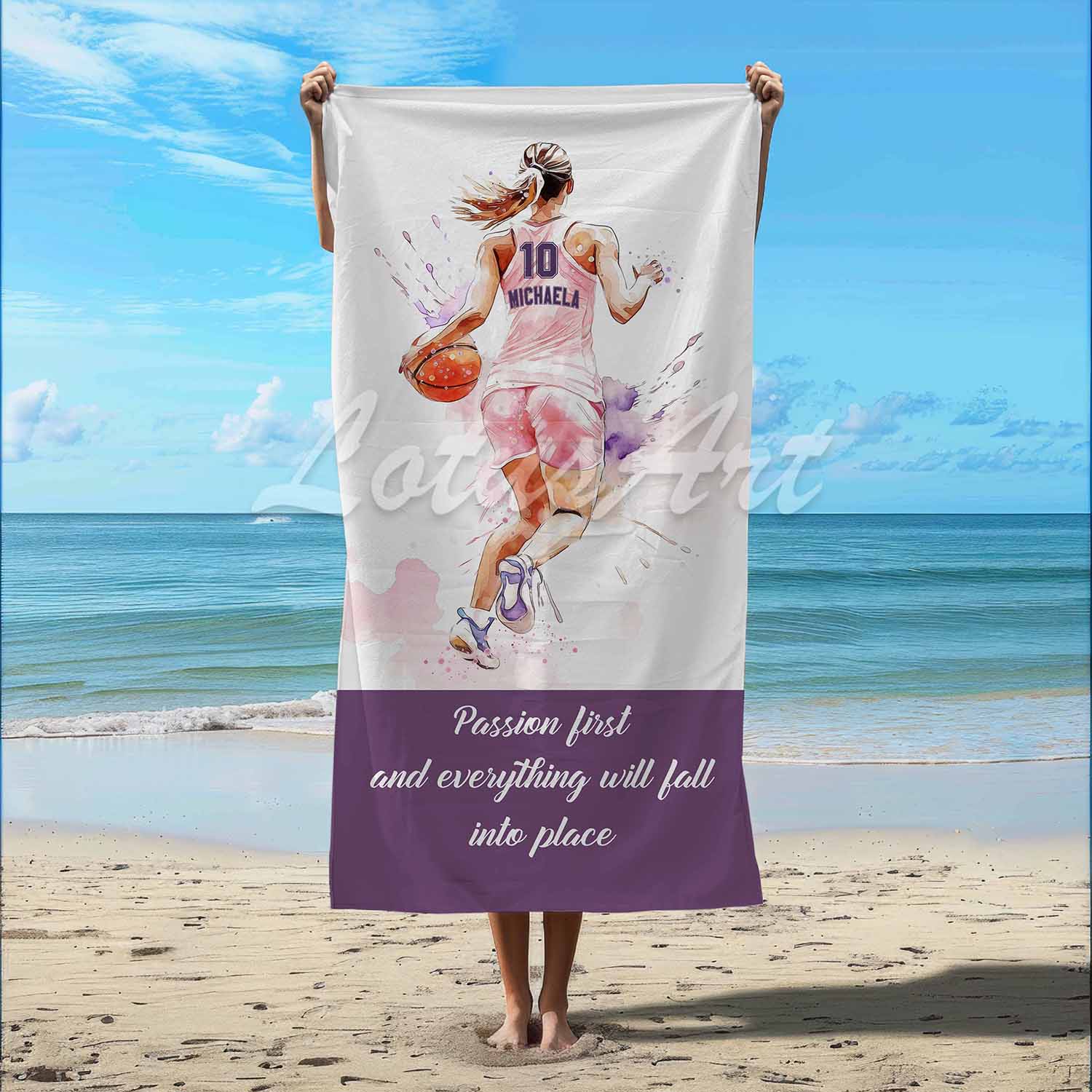 Pink basketball girl personalized beach towel custom name number quote, watercolor sports art lifestyle beach