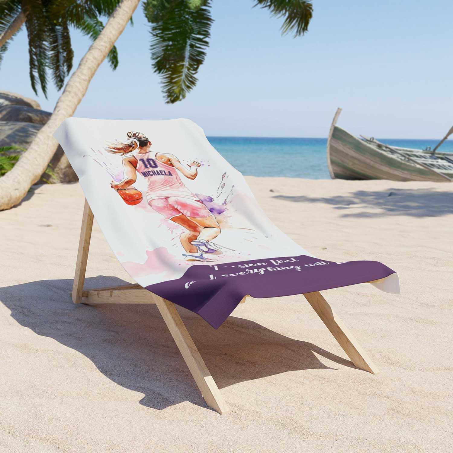Pink basketball girl personalized beach towel custom name number, watercolor sports art lifestyle lounger