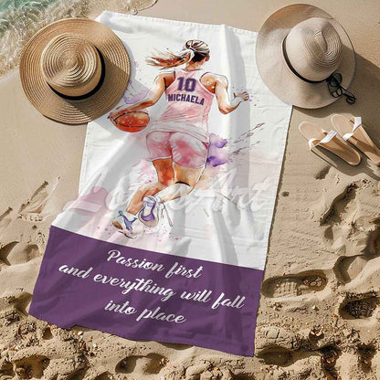 Pink basketball girl personalized beach towel custom name number quote, watercolor sports art lifestyle sand