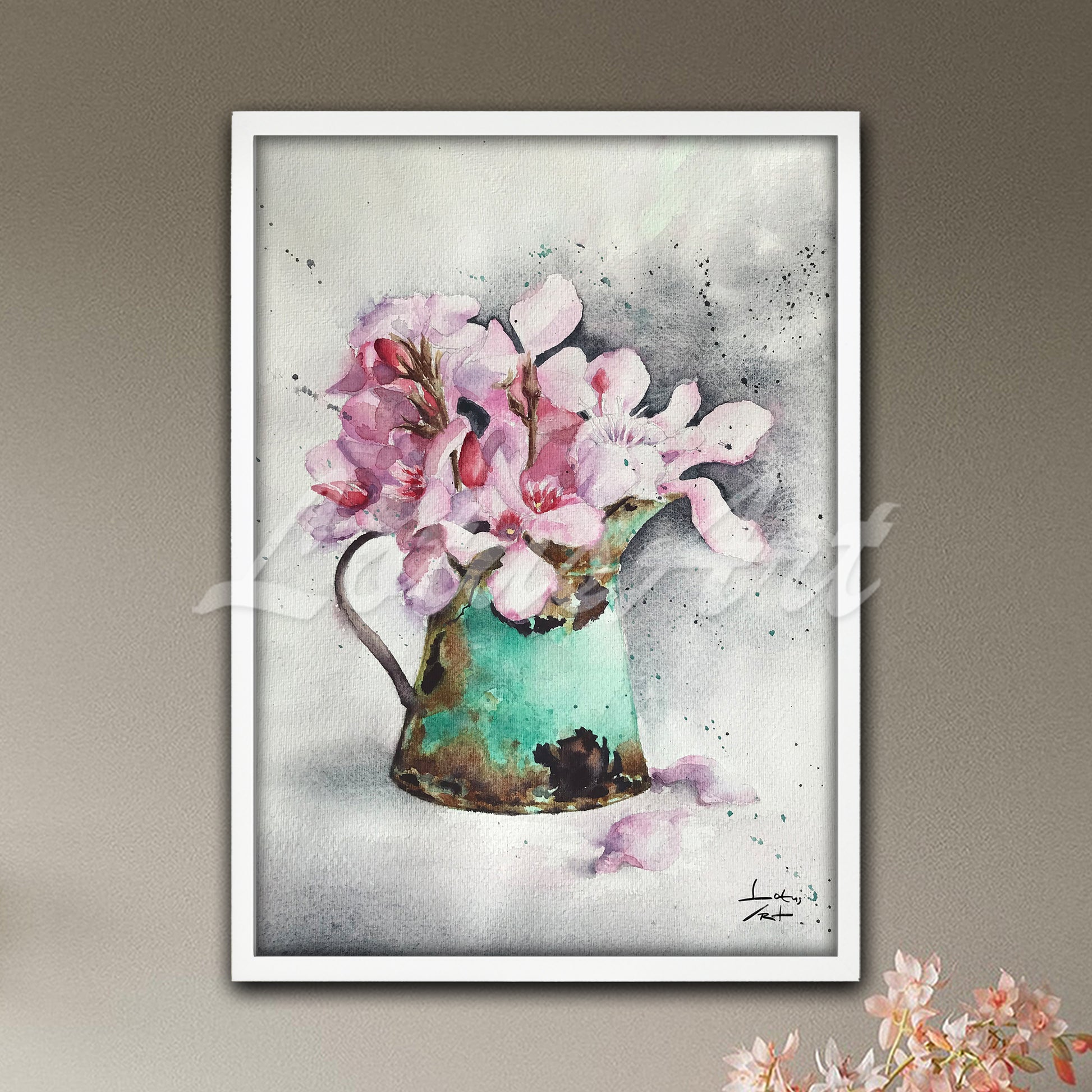 Pink magnolia flowers in vintage watering can watercolor wall art print, botanical kitchen decor and floral gift for her