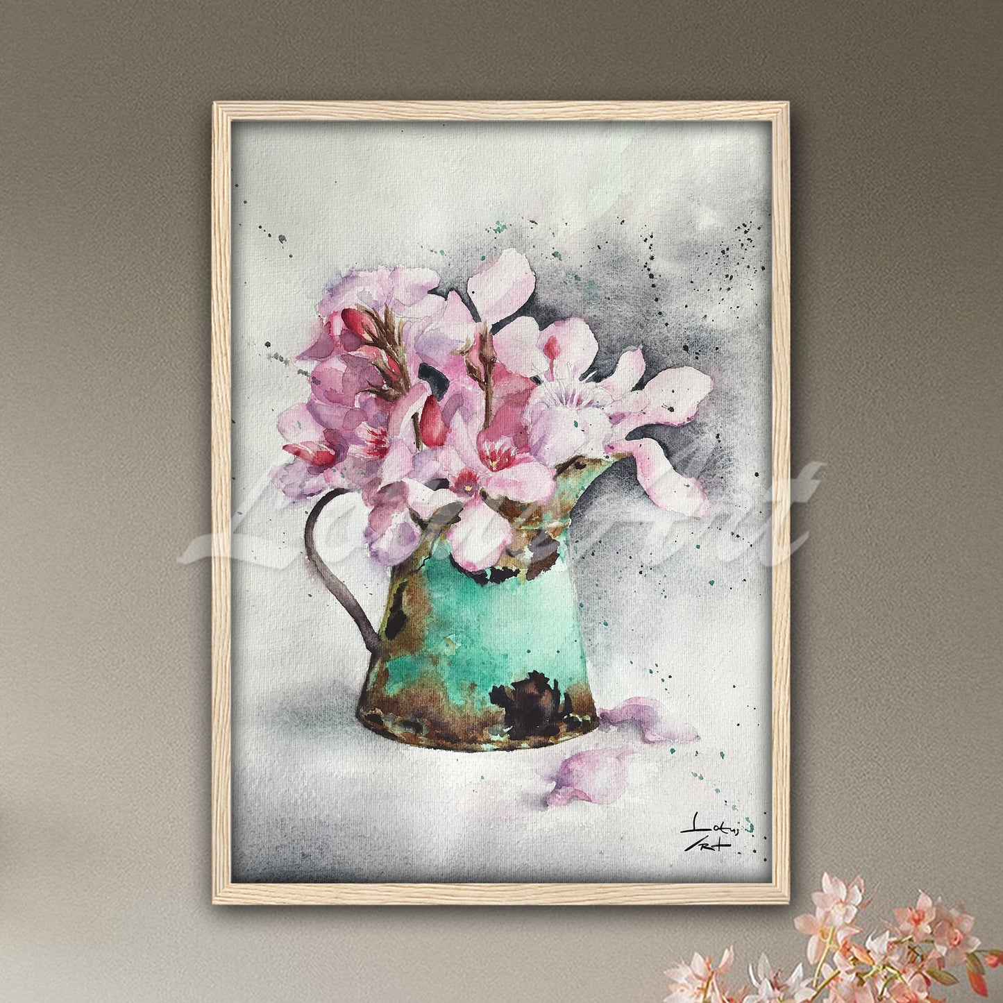 Pink magnolia flowers in vintage watering can watercolor art print in natural frame, botanical kitchen decor and floral gift