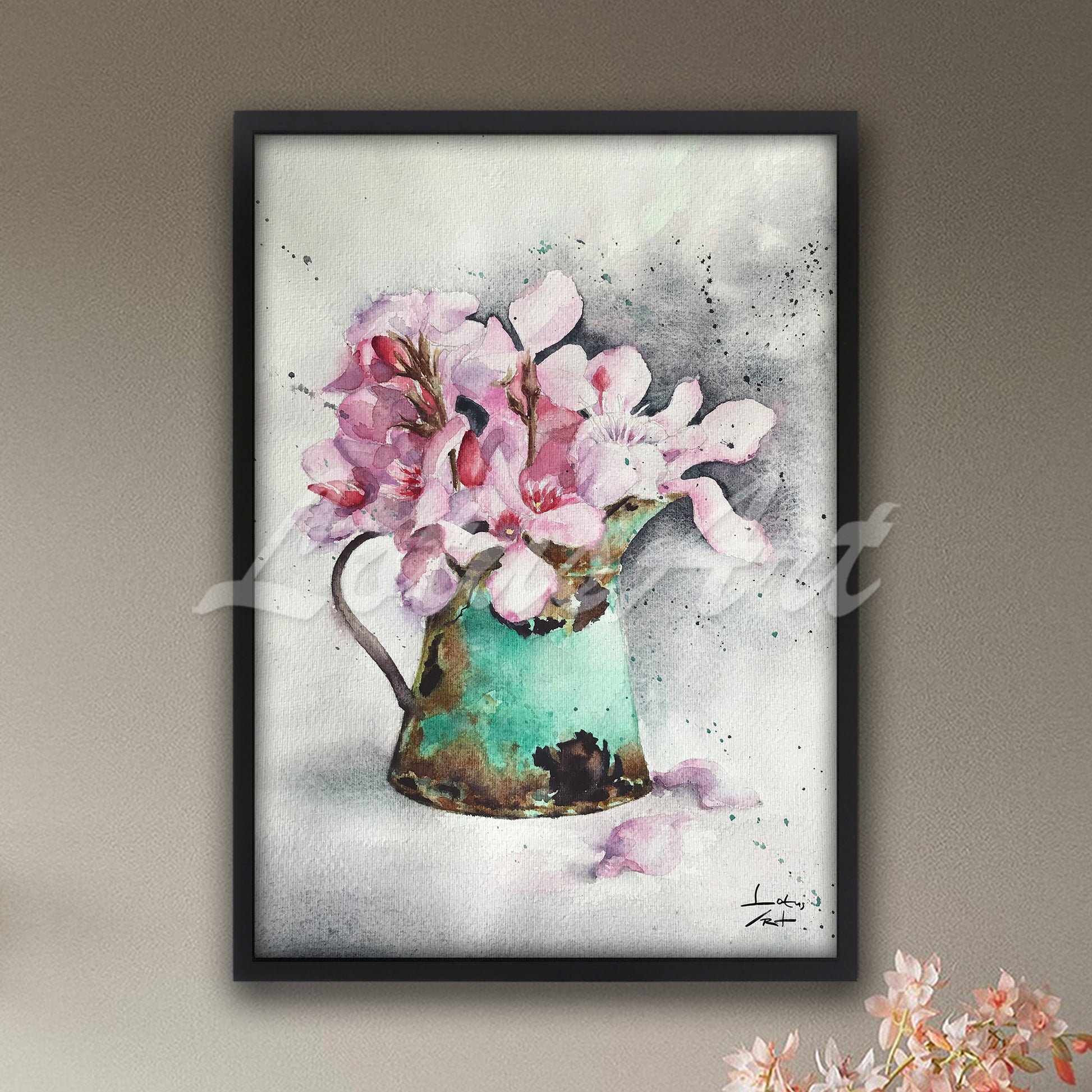 Pink magnolia flowers in vintage watering can watercolor painting in black frame, botanical kitchen decor and floral gift