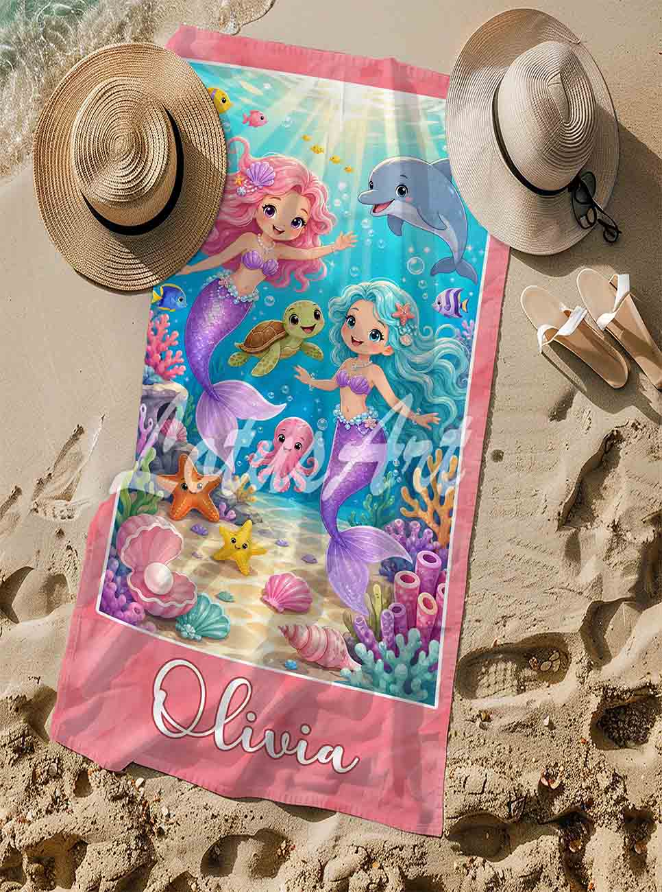 Pink personalized girls beach towel mermaid art custom name gift, sea animals illustration, sand