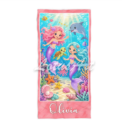 Pink personalized girls beach towel mermaid art custom name gift, sea animals print, front view