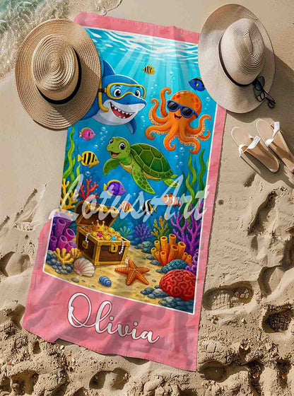 Pink personalized girls beach towel, cute ocean animals artwork custom name gift, sea creatures design, sand