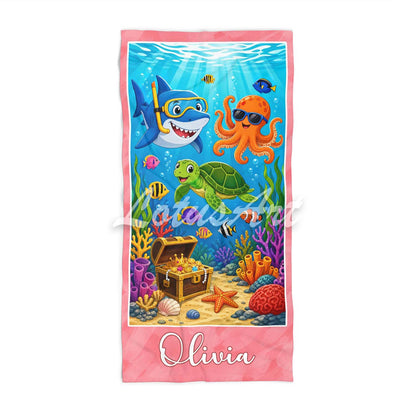 Pink personalized girls beach towel, cute ocean animals print custom name gift, sea creatures artwork, front view