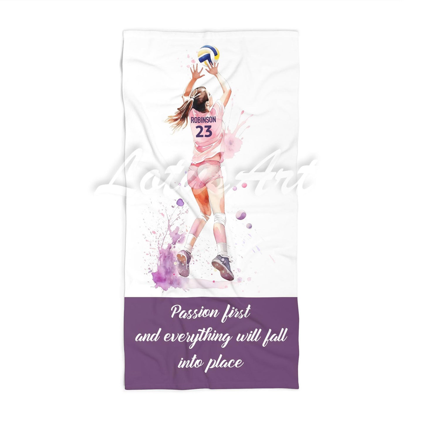 Pink volleyball girl personalized beach towel custom name number quote, watercolor sports art front view