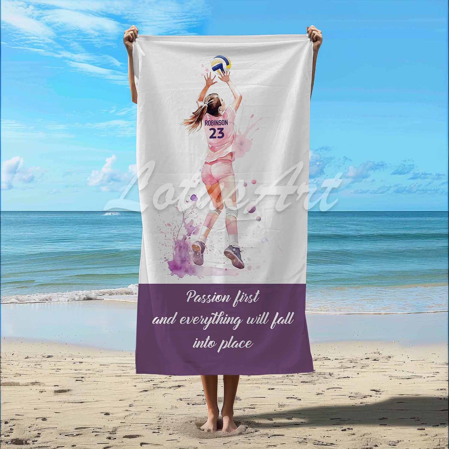 Pink volleyball girl personalized beach towel custom name number quote, watercolor sports art lifestyle beach