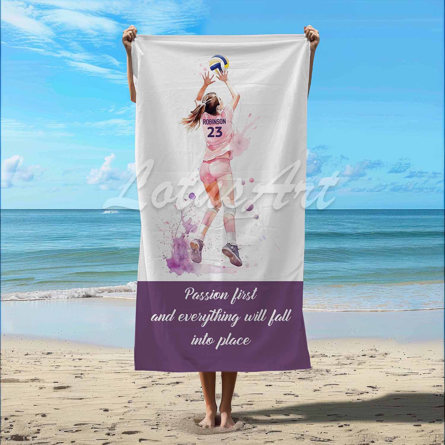 Pink volleyball girl personalized beach towel custom name number quote, watercolor sports art lifestyle beach
