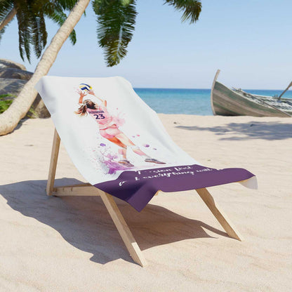 Pink volleyball girl personalized beach towel custom name number, watercolor sports art lifestyle lounger
