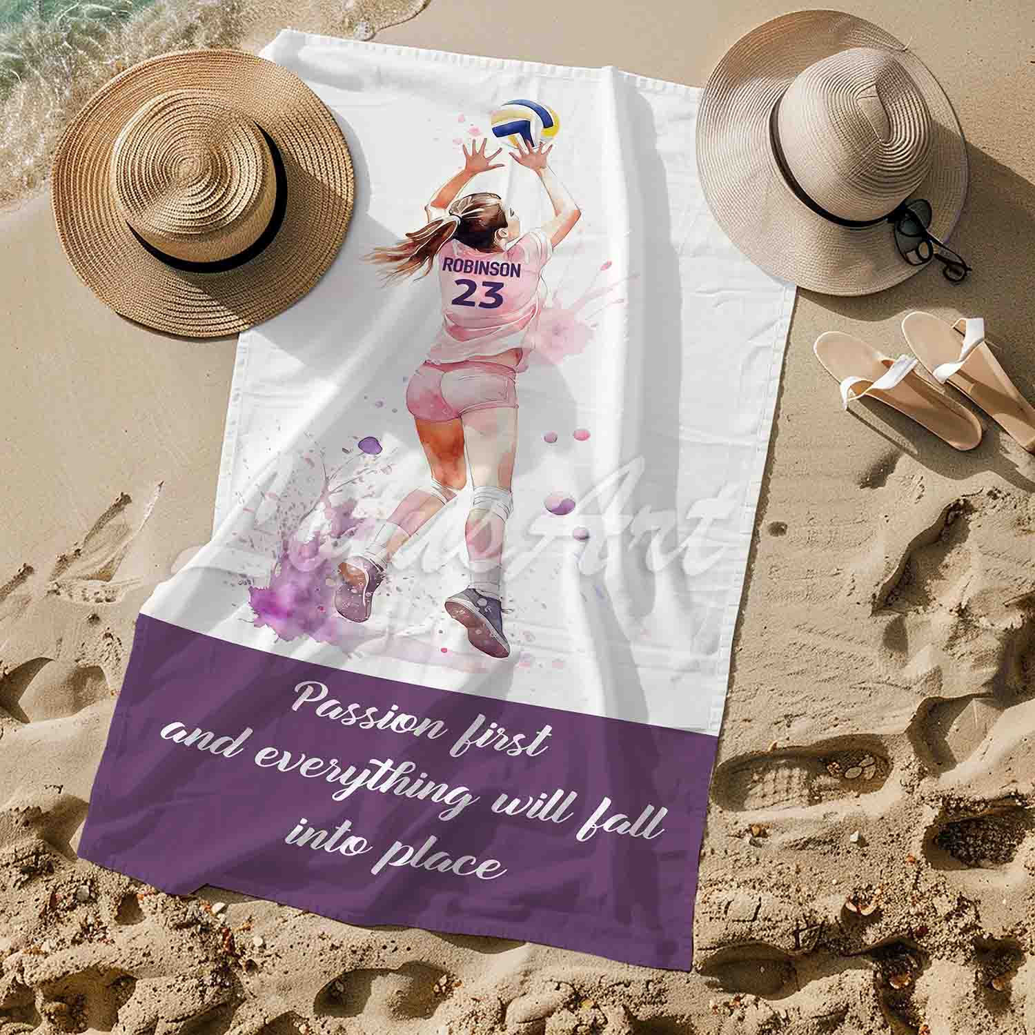 Pink volleyball girl personalized beach towel custom name number quote, watercolor sports art lifestyle sand
