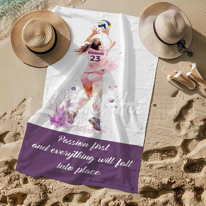 Pink volleyball girl personalized beach towel custom name number quote, watercolor sports art lifestyle sand