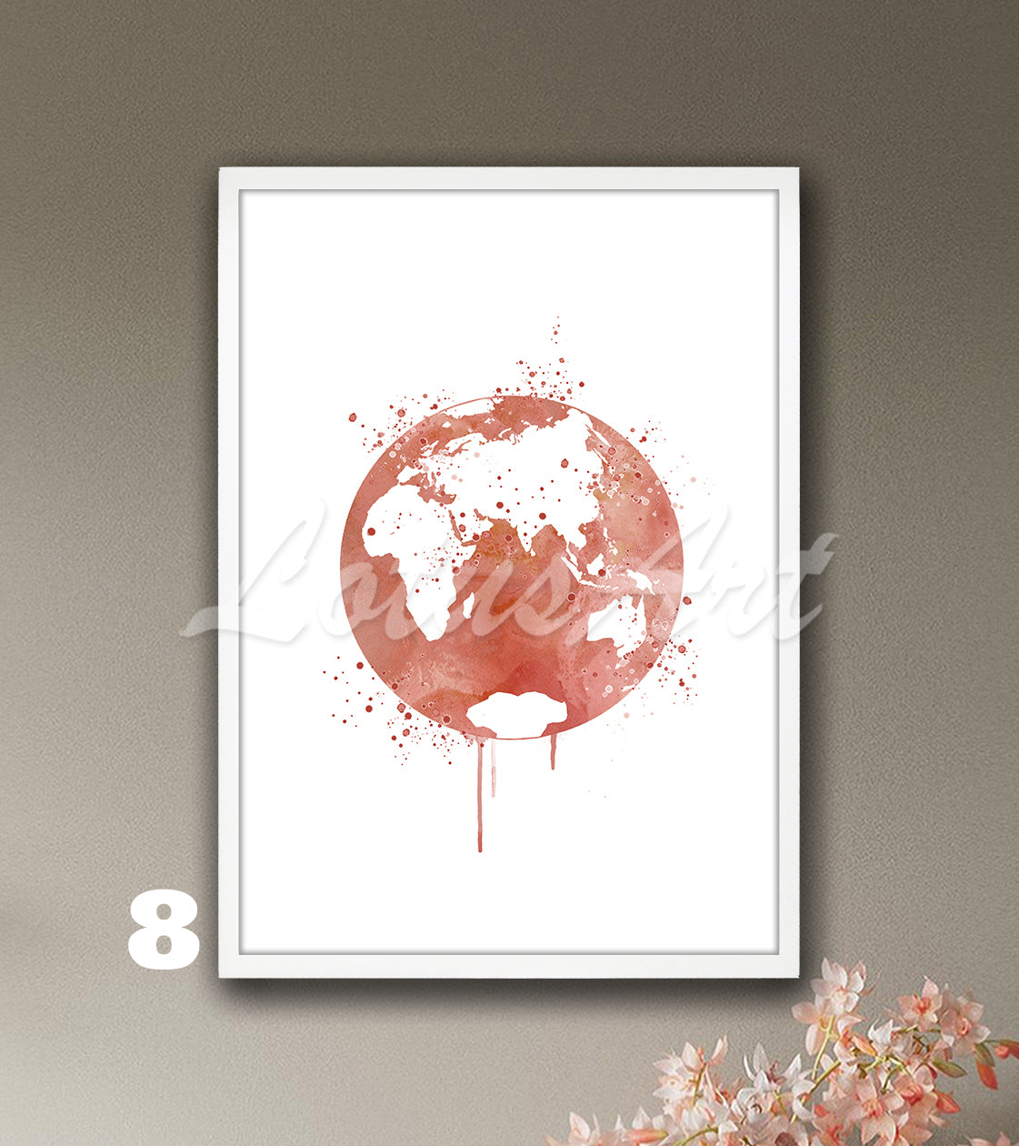 Planet Earth watercolor world map print in rose gold oceans and white continents, elegant travel wall art & home decor gift