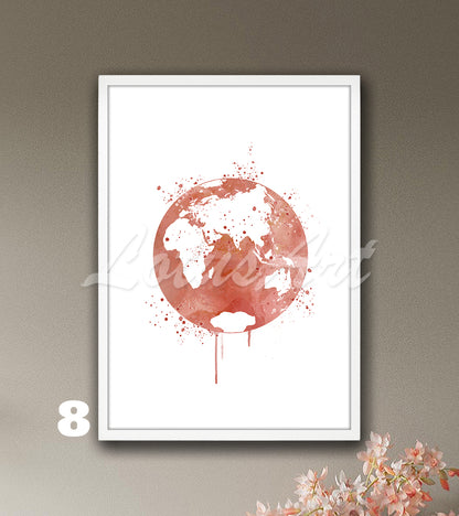 Planet Earth watercolor world map print in rose gold oceans and white continents, elegant travel wall art & home decor gift