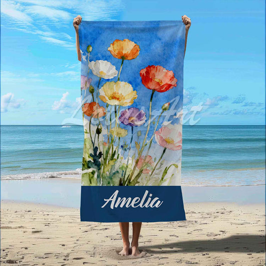 Personalized poppies watercolor beach towel, custom name floral summer gift, multicolour poppy art print lifestyle beach