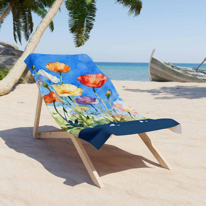 Personalized poppies watercolor beach towel, custom name floral summer gift, multicolour poppy art print lifestyle lounger