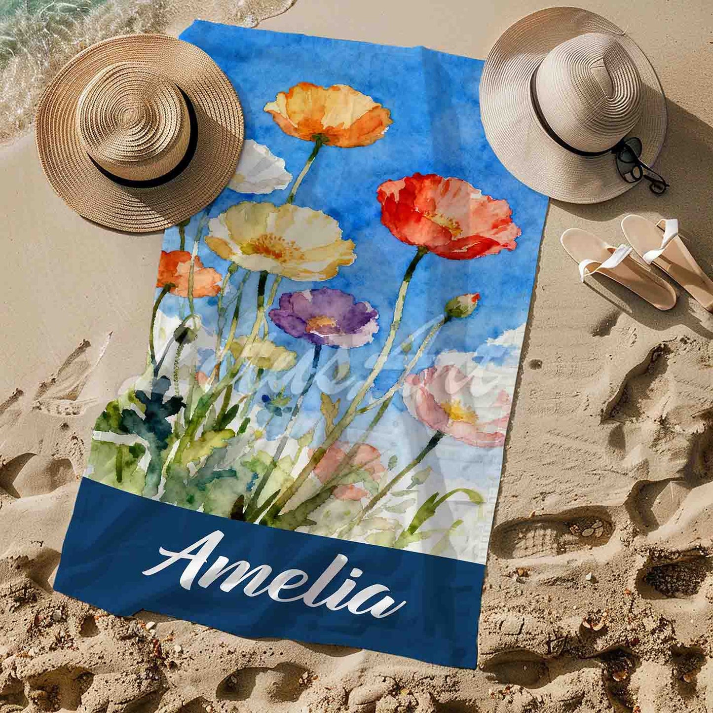 Personalized poppies watercolor beach towel, custom name floral summer gift, multicolour poppy art print lifestyle sand