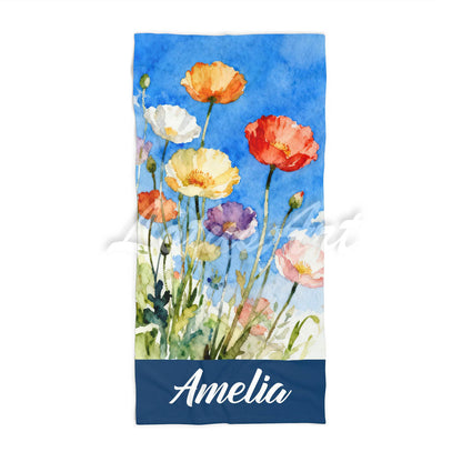 Personalized poppies watercolor beach towel, custom name floral summer gift, multicolour poppy art print featured