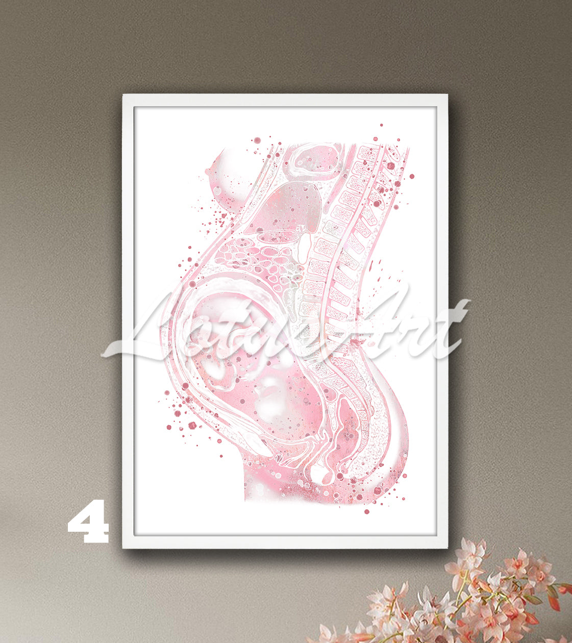 Fetus in womb watercolor print in light pink, pregnancy anatomy medical decor & gynecology clinic gift