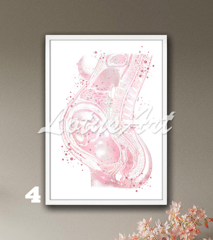 Fetus in womb watercolor print in light pink, pregnancy anatomy medical decor & gynecology clinic gift