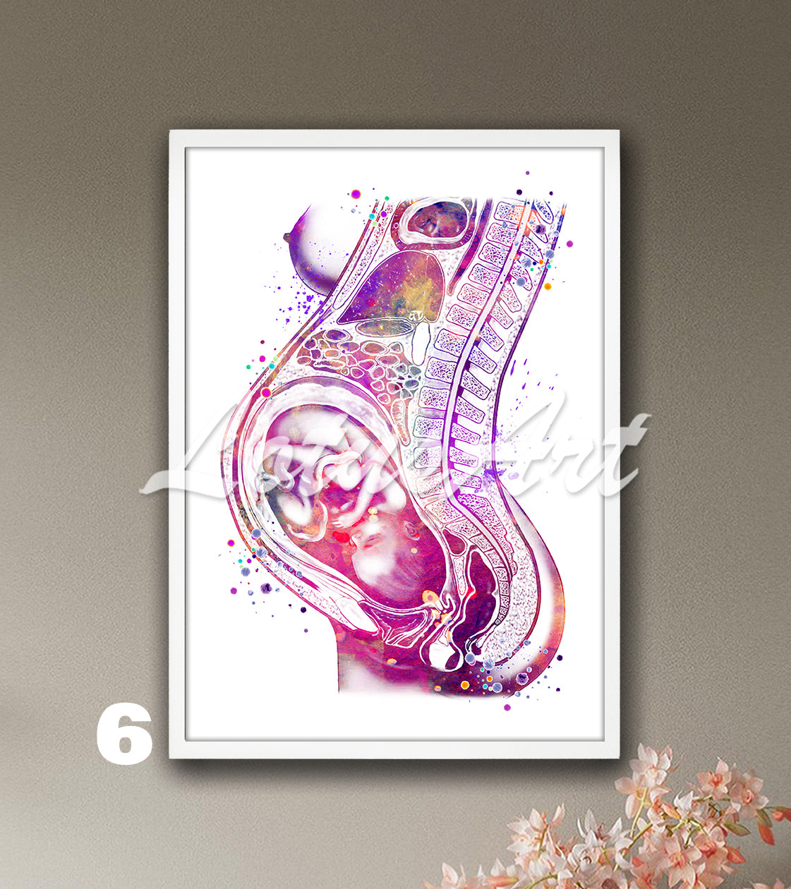 Fetus in womb watercolor painting in colorful purple tones, pregnancy anatomy medical decor & gynecology clinic gift