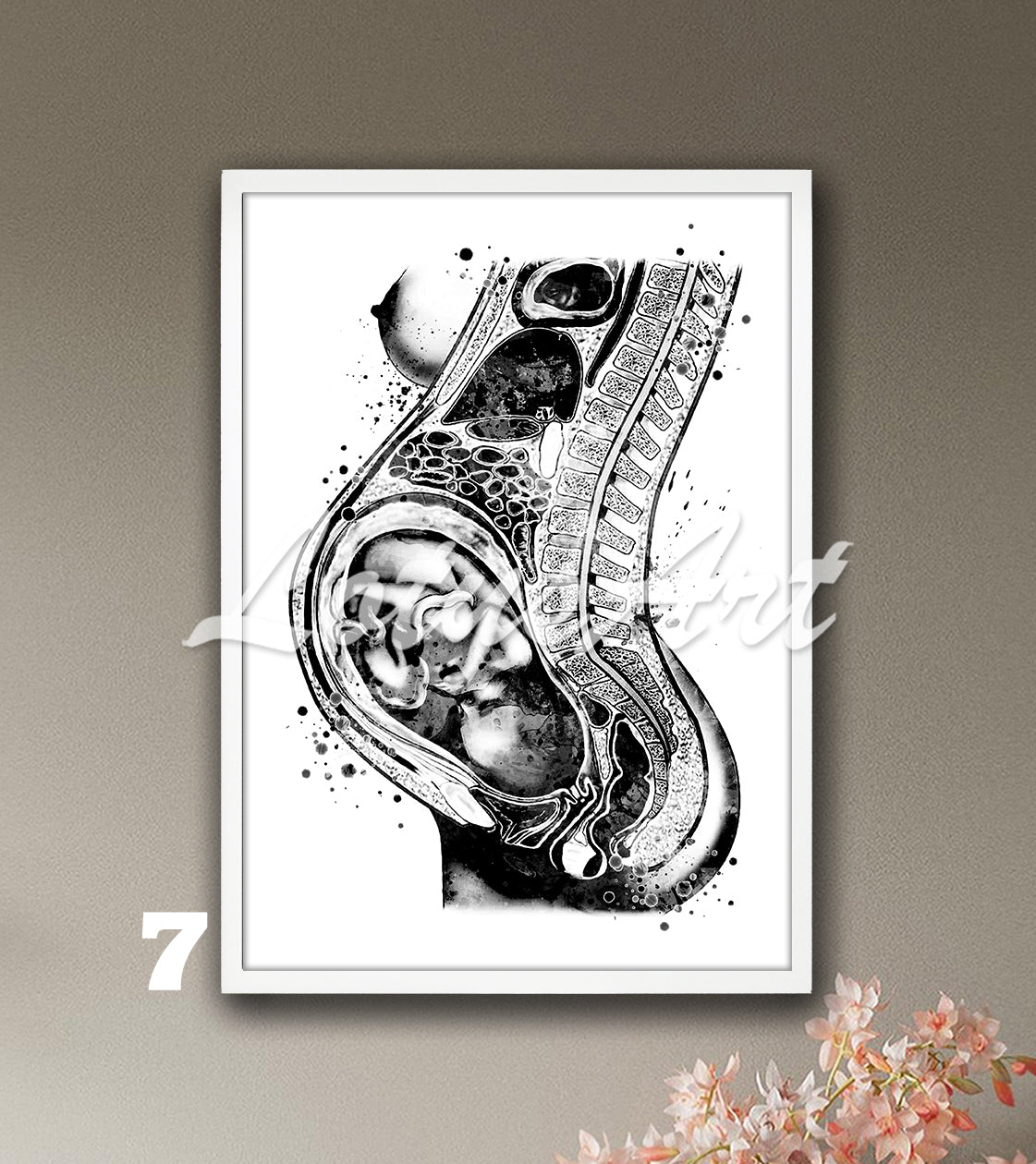 Fetus in womb watercolor poster in black and white, pregnancy anatomy medical decor & gynecology clinic gift