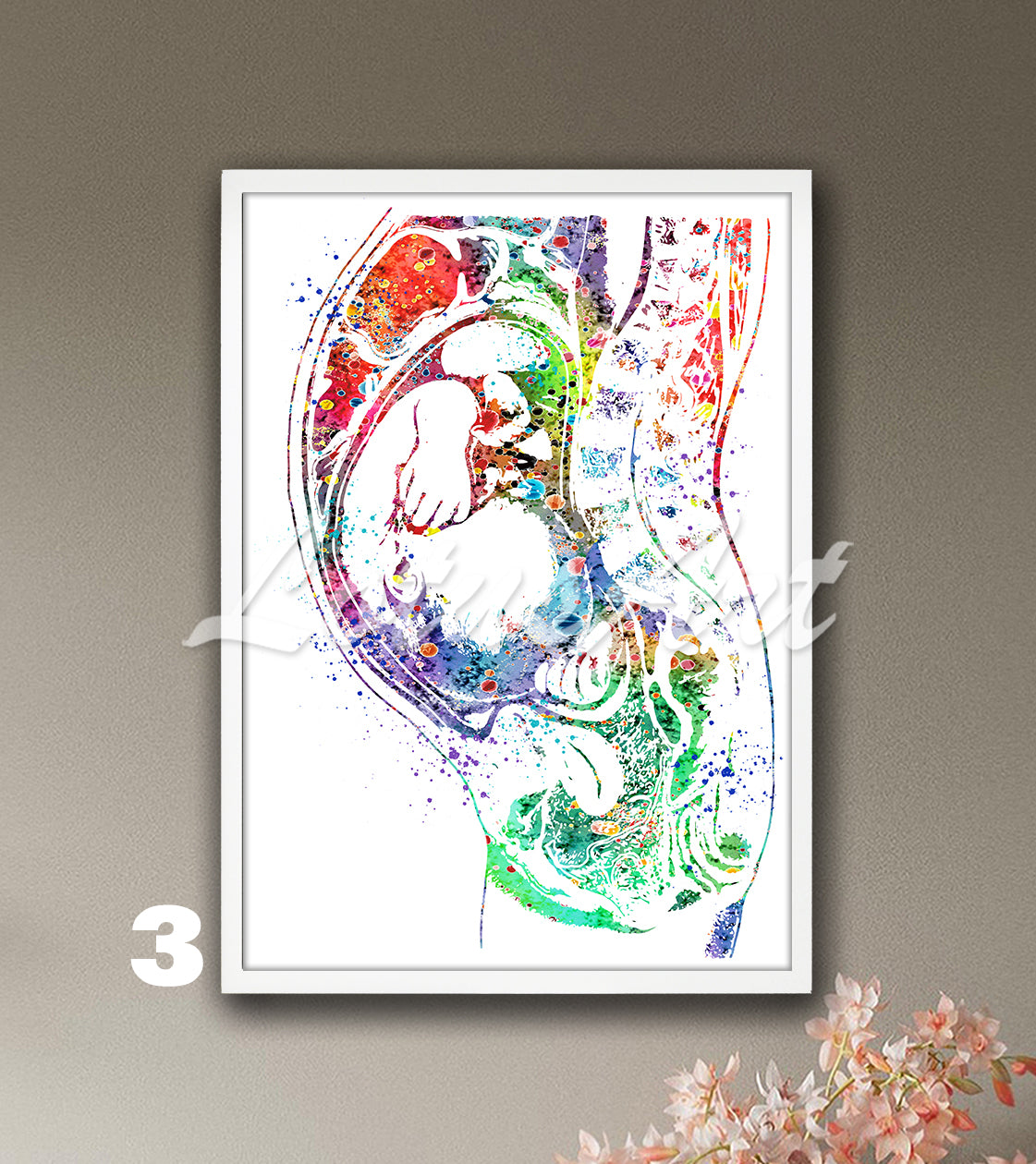 Pregnancy anatomy fetus watercolor painting in green-rainbow tones, baby in womb medical wall decor & expecting mom gift