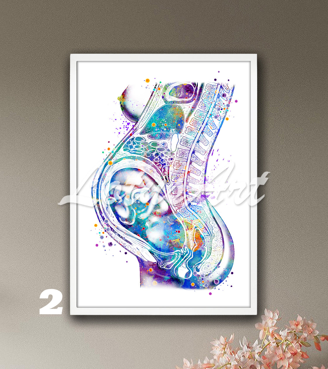 Fetus in womb watercolor womb art in blue-purple tones, pregnancy anatomy medical decor & gynecology clinic gift