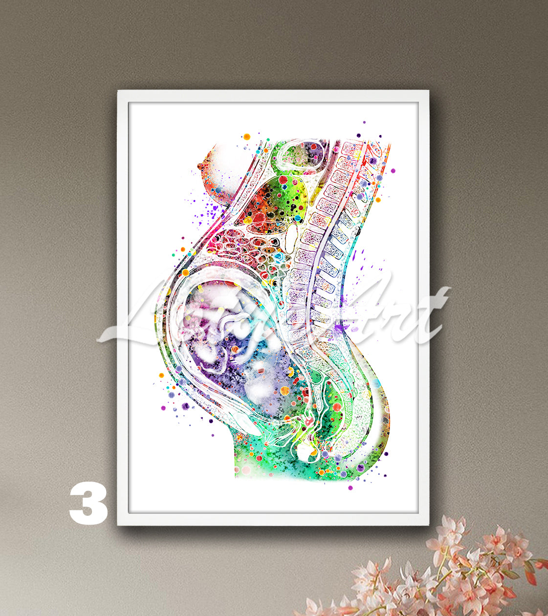 Fetus in womb watercolor artwork in green-rainbow tones, pregnancy anatomy medical decor & gynecology clinic gift