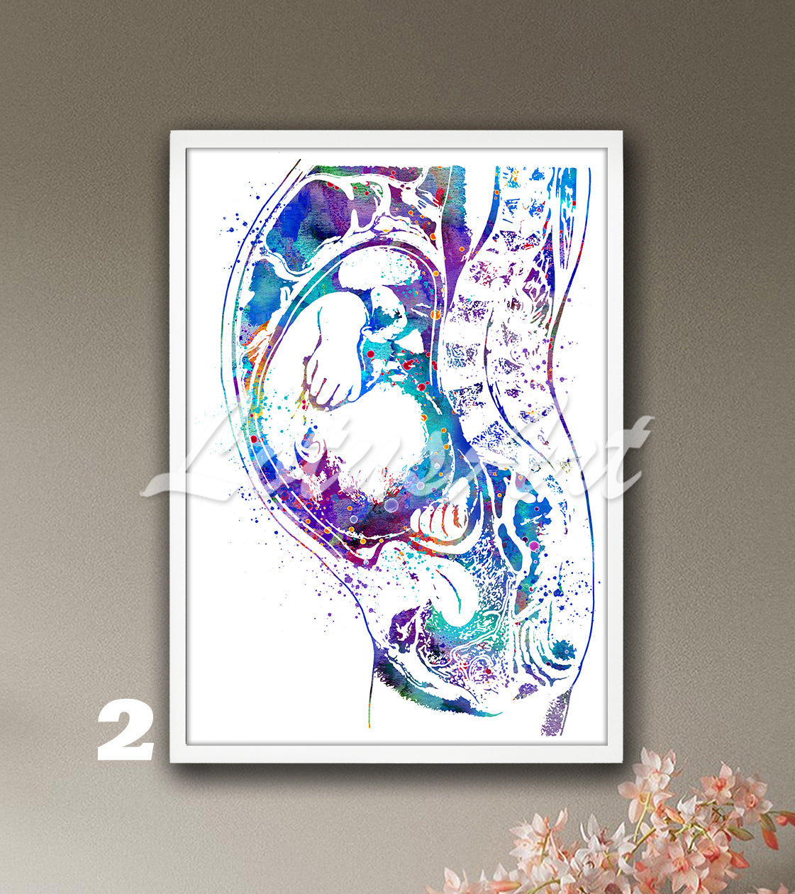 Art print of a beautiful watercolor painting showing a baby in the womb during pregnancy in blue-purple.
