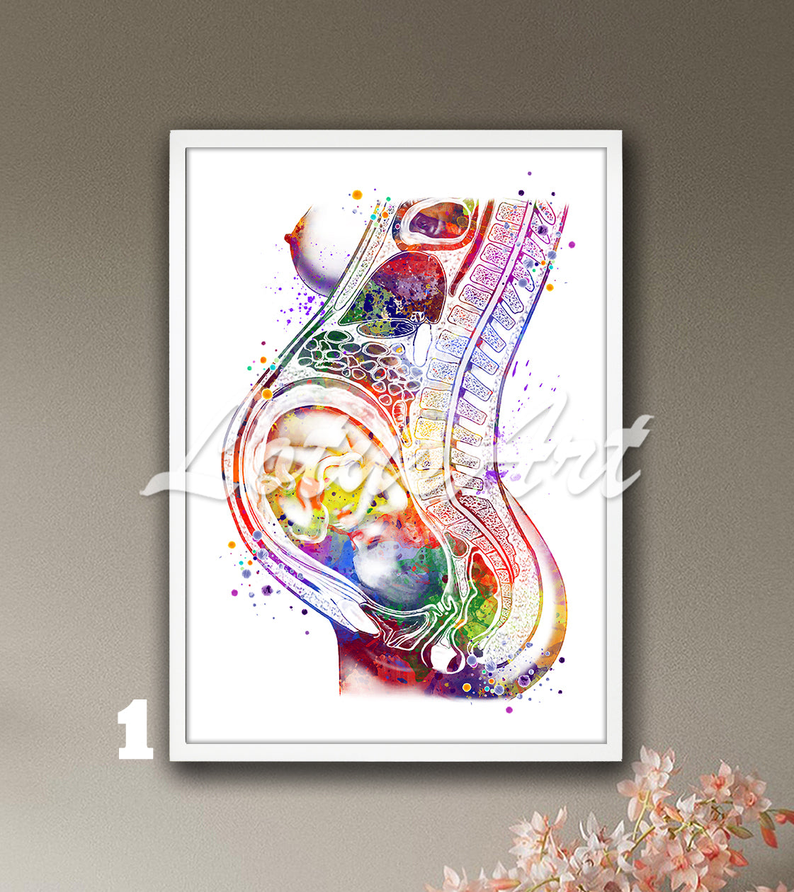 Art print of a detailed and beautiful multi-color watercolor painting showing a fetus in the womb during pregnancy.