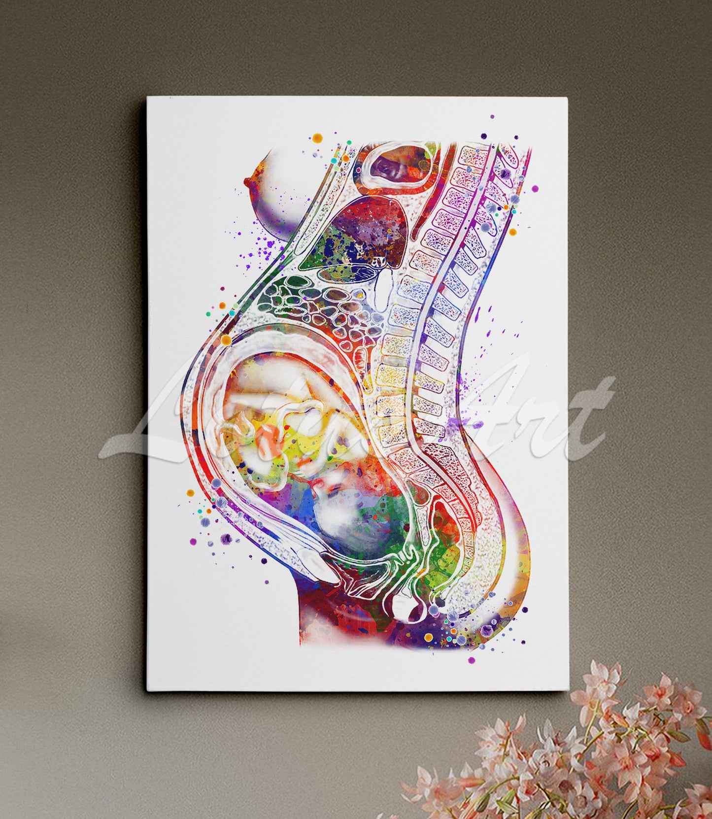 Canvas art print of a detailed watercolor painting showing a fetus in the womb during pregnancy in multi-color.