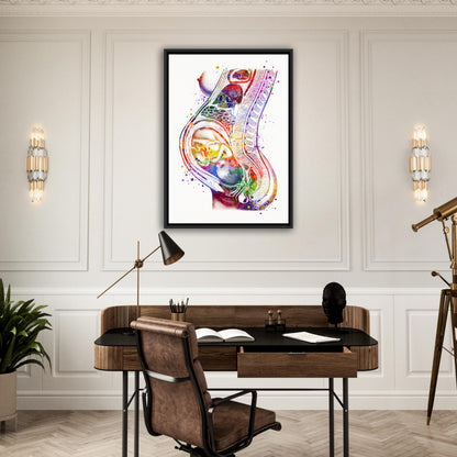 Colorful framed canvas art print of a beautiful watercolor painting depicting a fetus, baby in the womb during pregnancy.