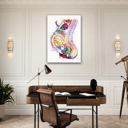Canvas art print of a beautiful watercolor painting showing a fetus in the womb during pregnancy in multi-color.