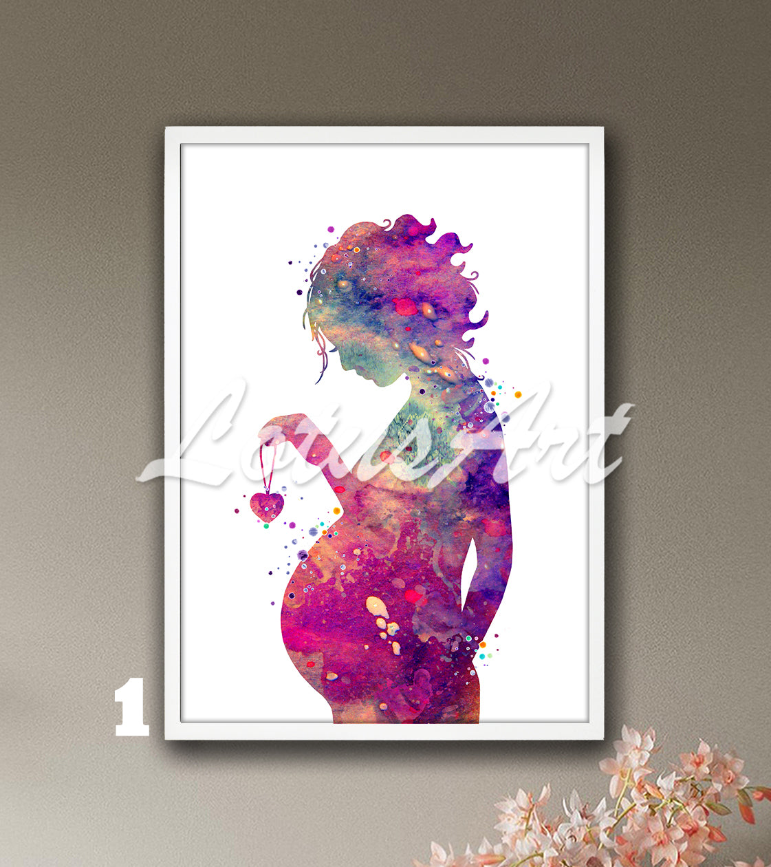 Art print of a pregnant woman in profile, a watercolor painting in predominantly purple shades depicting pregnancy.