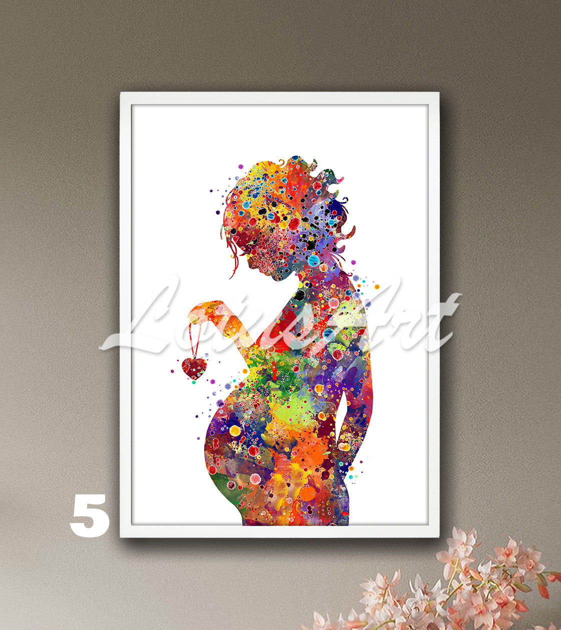 Multicolor art print of a pregnant woman who holds a heart necklace in her hand, watercolor pregnancy painting.