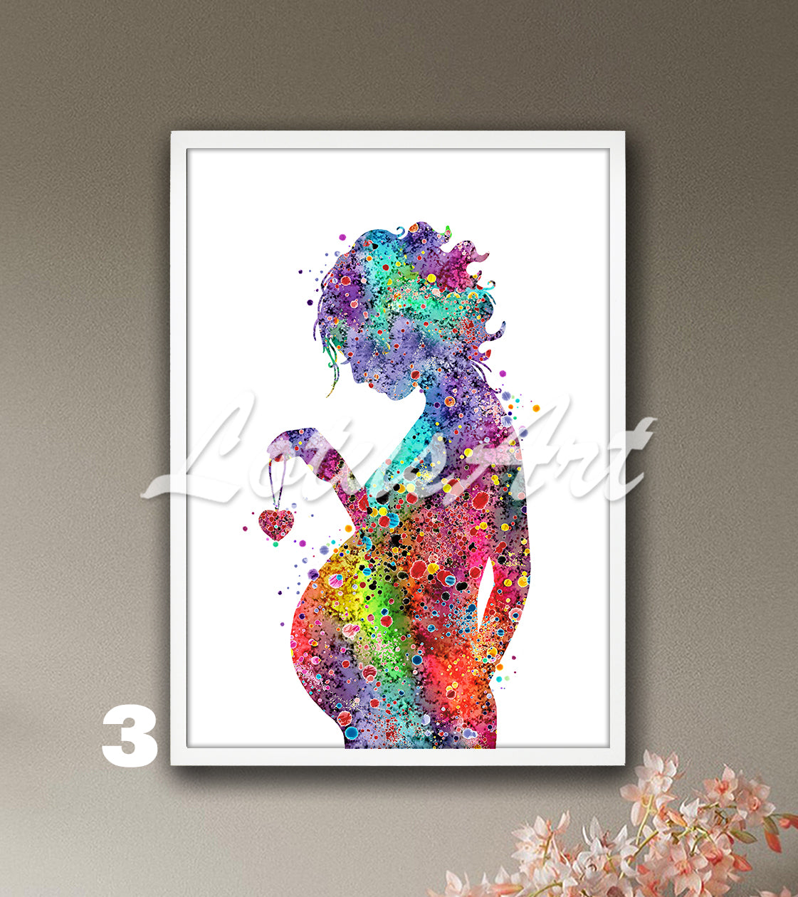 Art print of a pregnant woman who holds a heart necklace in her hand, watercolor pregnancy painting in rainbow colors.