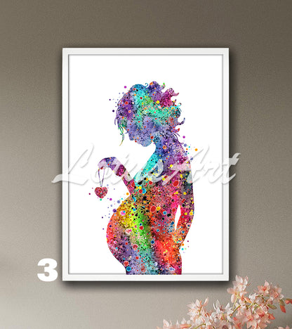 Art print of a pregnant woman who holds a heart necklace in her hand, watercolor pregnancy painting in rainbow colors.