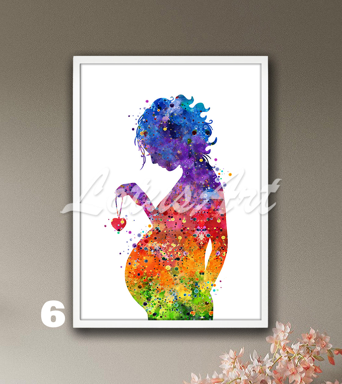 Art print of a pregnant woman who holds a heart necklace in her hand, watercolor pregnancy painting in rainbow colors.