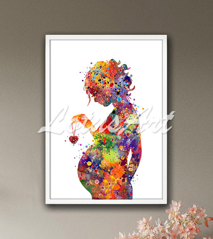 Pregnant woman silhouette with baby colorful watercolor art print - maternity clinic painting